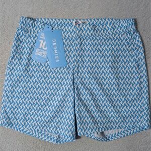Bermies Swim Trunks Mens 30/6 Blue Geometric Triangle Stretch Tailored Liner $65